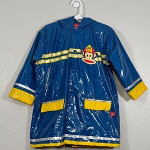Paul Frank Raincoat Fireman Coat Blue Yellow Details Elastic Hood Toddler 3T/4T